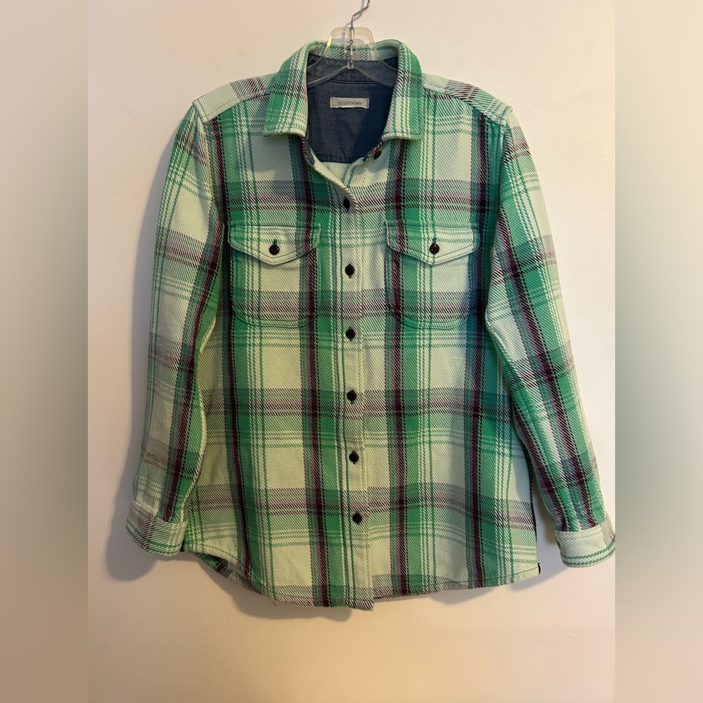 Outerknown Blanket Shirt Green & Purple Plaid Button Down Organic Cotton Fall